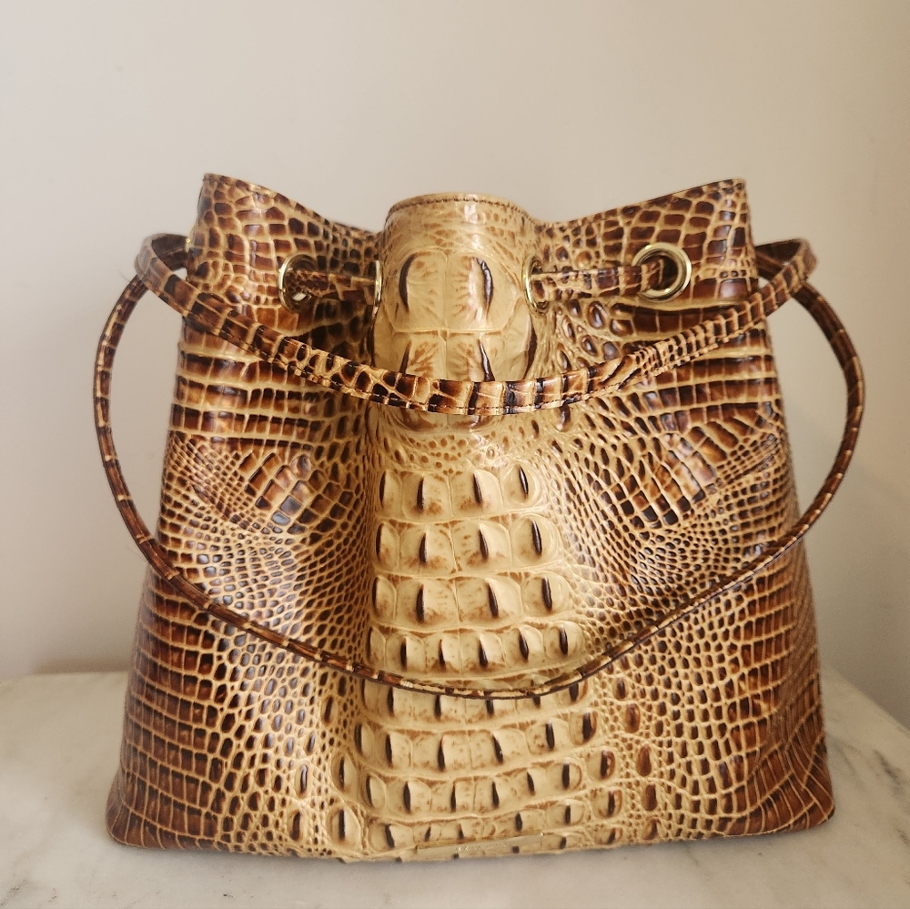 Brahmin Toasted Almond Leather Crocodile-Embossed Drawstring Bucket Bag